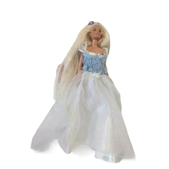 Mattel Barbie Doll Vintage Blonde Long Hair‎ Blue Lace White Glitter Gown G8361