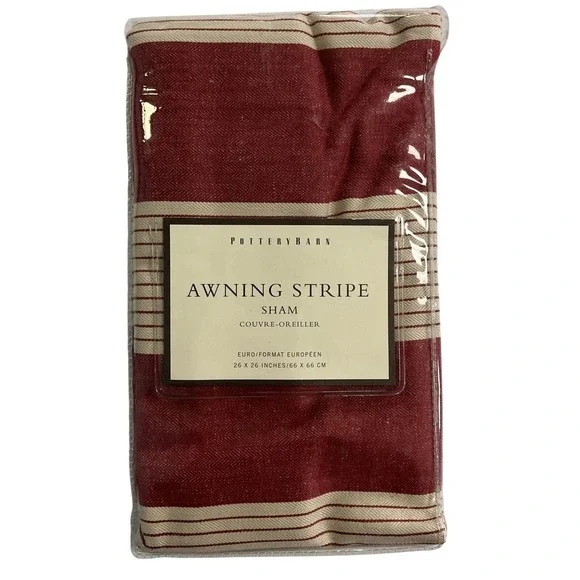 Pottery Barn Awning Stripe Euro‎ Pillow Sham Cotton Linen Blend Red Tan 26x26