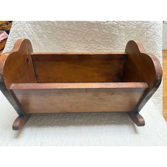 Vintage Handmade Wooden Doll Cradle Brown Natural Wood 12in
