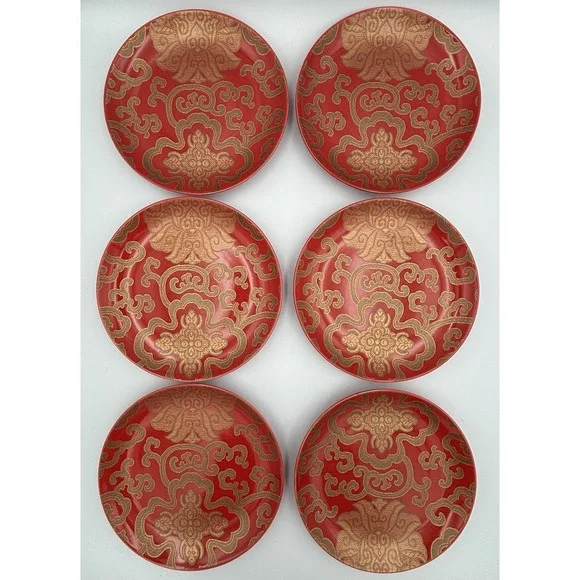 Pottery Barn Chinoise Dessert / Salad Plates Set of 6 Red & Gold 7