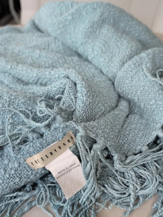 Pottery Barn Light Aqua Teal Fringe Throw Blanket 50x60