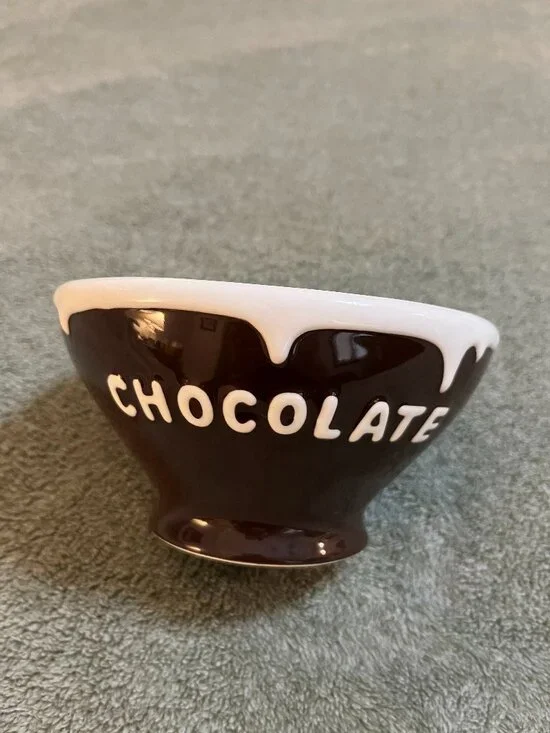 Pottery Barn Chocolate Bowl Ceramic Drip Design Brown White 5