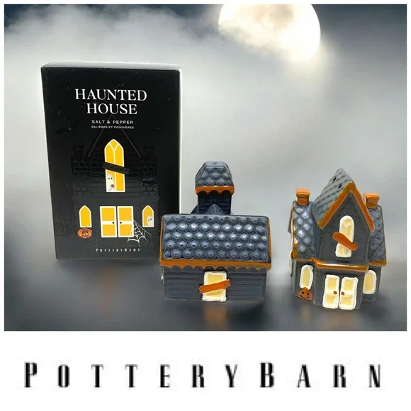 NEW Pottery Barn Halloween Haunted Spooky House Salt & Pepper Shaker Set NWB