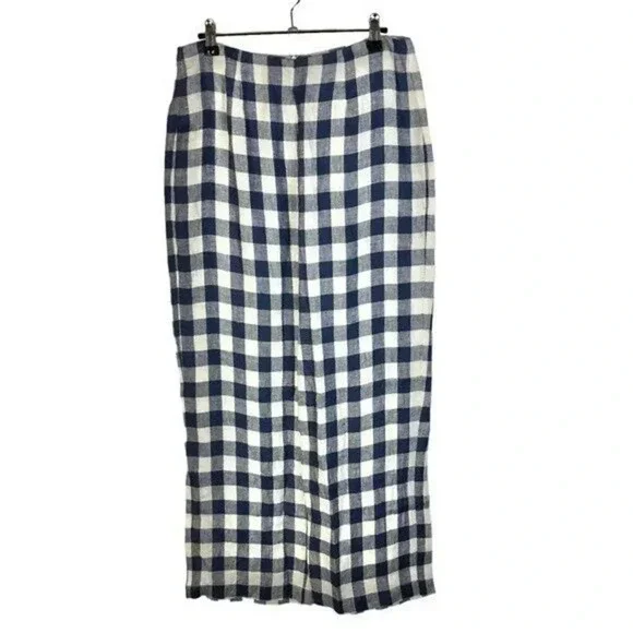 Reformation Blue & White Checkered Plaid Linen Wide Leg Pants 8