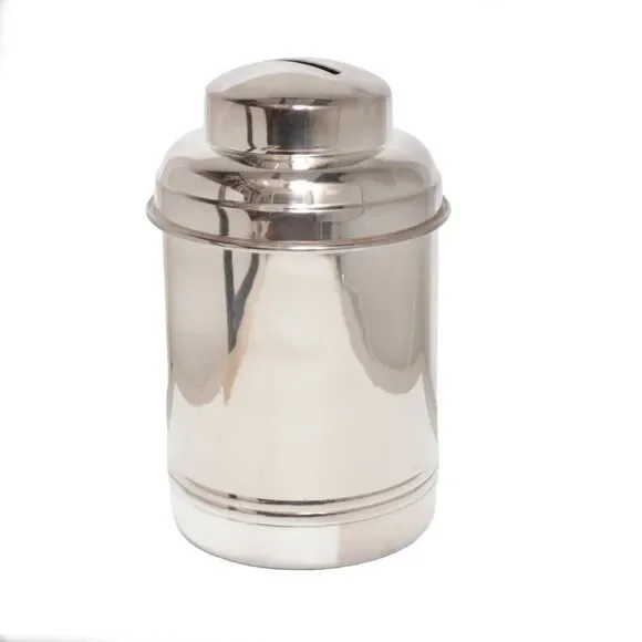 Pottery Barn Silver Coin Canister Boxed Silver Plated Finish Made in India NEW