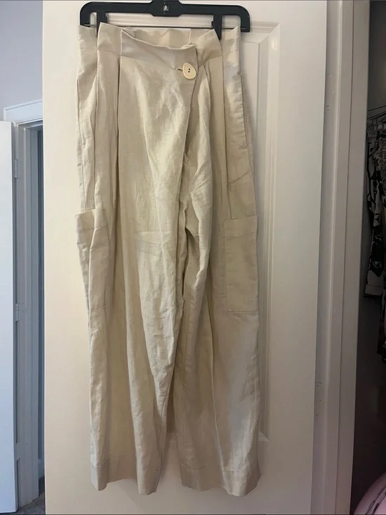 Zara High-Waist Wide Leg Asymmetrical Waist Linen Blend Pants in Khaki