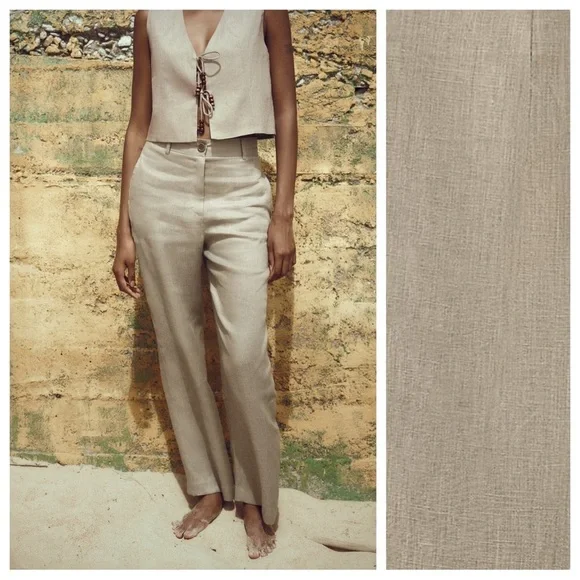 NWOT. Zara Beige Linen Blend Wide Leg Pants. Size S.