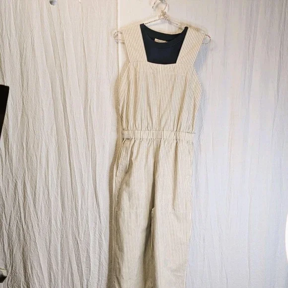 Everlane Fatigue Apron Striped Jumpsuit (S) & Madewell Navy Blue Tank (M)