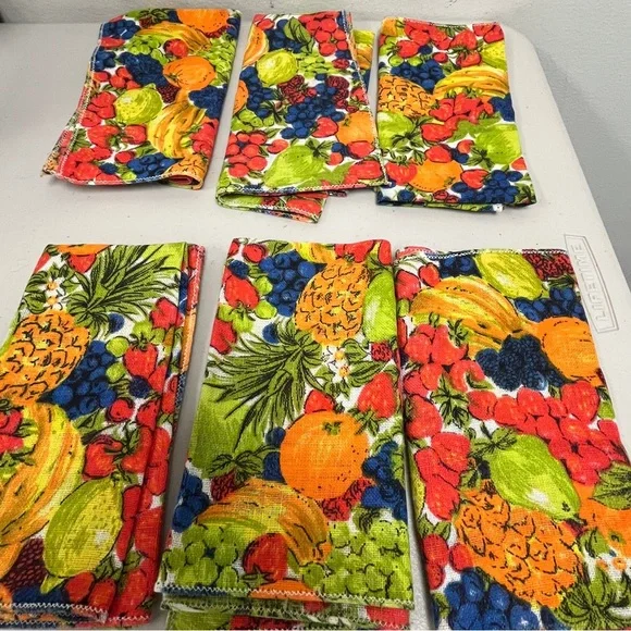 Pottery Barn linen dinner napkins 6 fruit floral red gold blue green orange