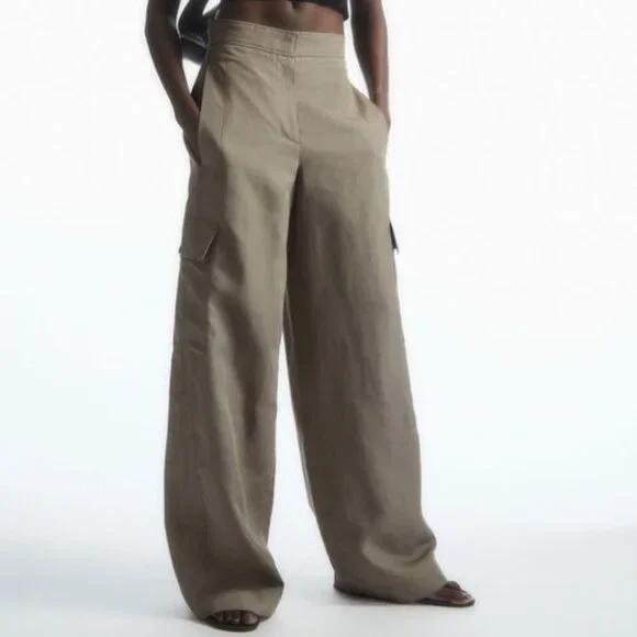 COS Wide Leg Linen Blend Cargo Trousers in Stone Size 14 NWT