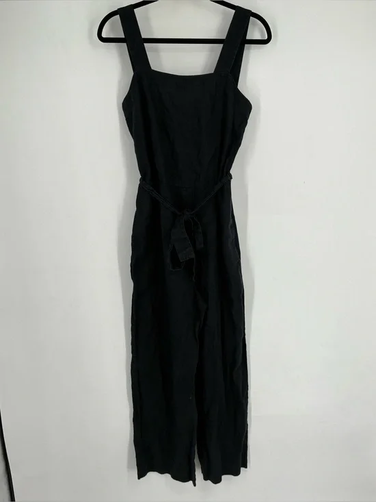 Quince Small Linen Square Neck Jumpsuit Black Cropped Pockets Neutral Belt Vaca
