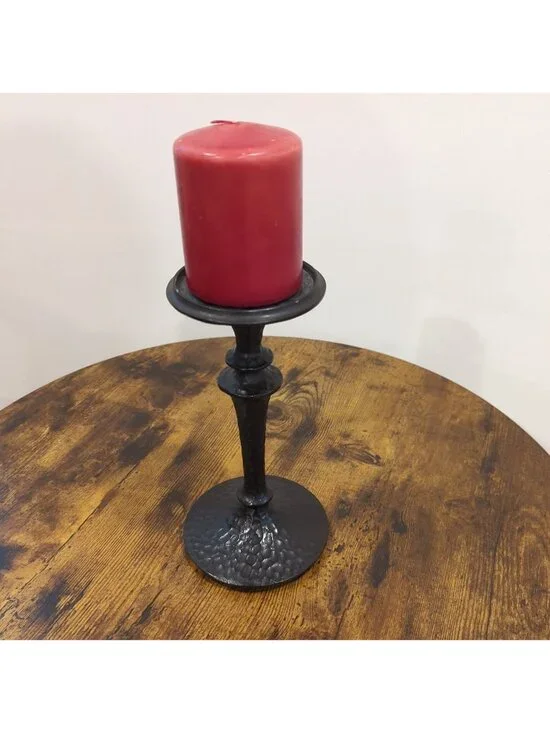 Pottery Barn Seville Pillar Candle Holder, Hammered Black 9” Home Decor Heavy-lp