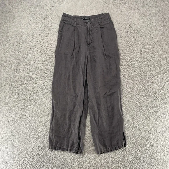 Zara Linen Pants Womens Small Gray Pleated Relaxed Ankle Summer Beachy Travel