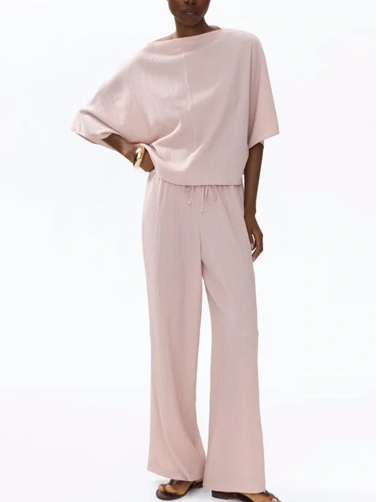 H&M NWT 2 piece SET dusty pink textured Relaxed Wide-Leg Pants & oversized top