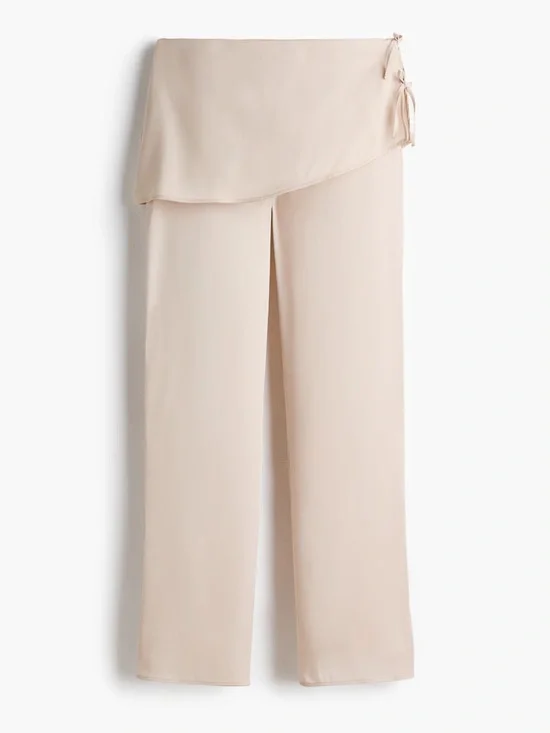 H&M NWT satin Wide-Leg Wrap Overlay skirt scarf trim Pants in Nude cream