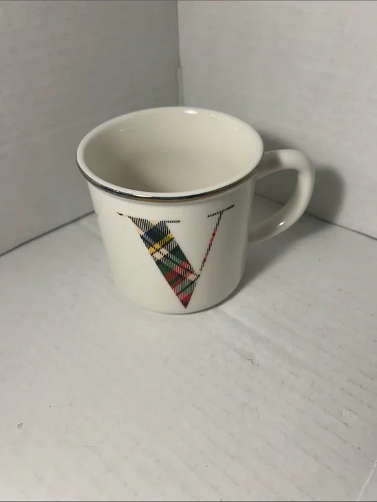 Monogram V Cream Ceramic Mug with Plaid Accent