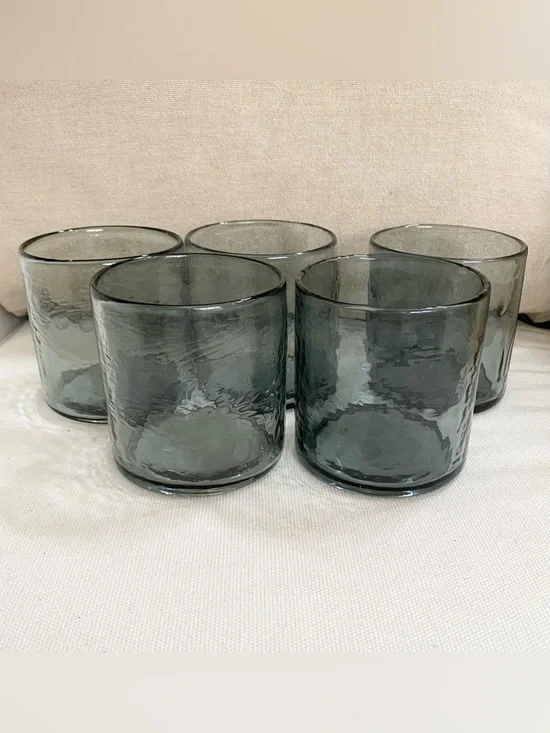Set of 5 Handblown Smoky Gray Hammered Glass Rocks Glasses Pottery Barn ?