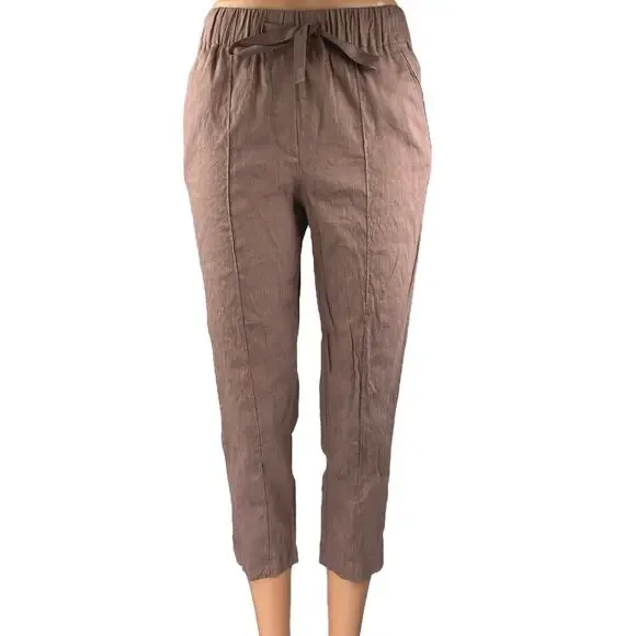 Aritzia Babaton Women's Brown Tan Linen Skinny Mid Rise Crop Trousers Pants XXS
