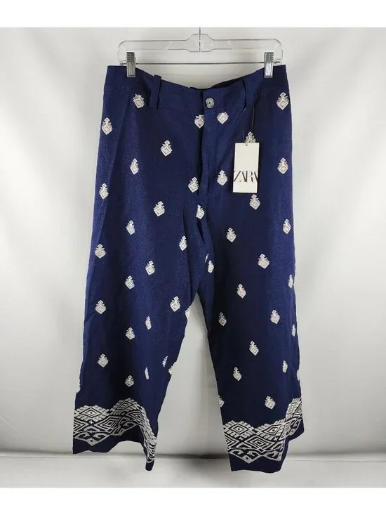 ZARA Pants Womens L Blue Linen Blend Embroidered High Waist Culotte (32x26) NWT