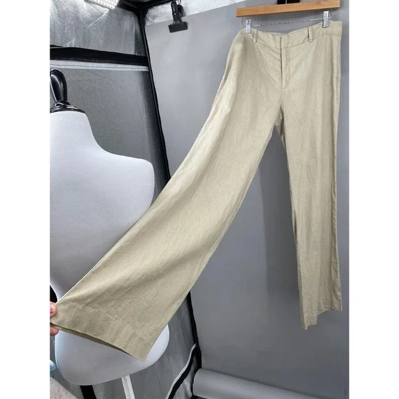 Zara Woman 100% Linen Wide Leg Trousers Pants Tan Beige Size 8 Minimalist Boho