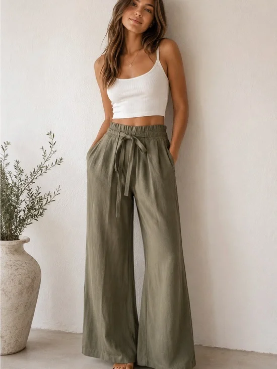 Zara Olive Wide-Leg Drawstring Linen-Blend Pants