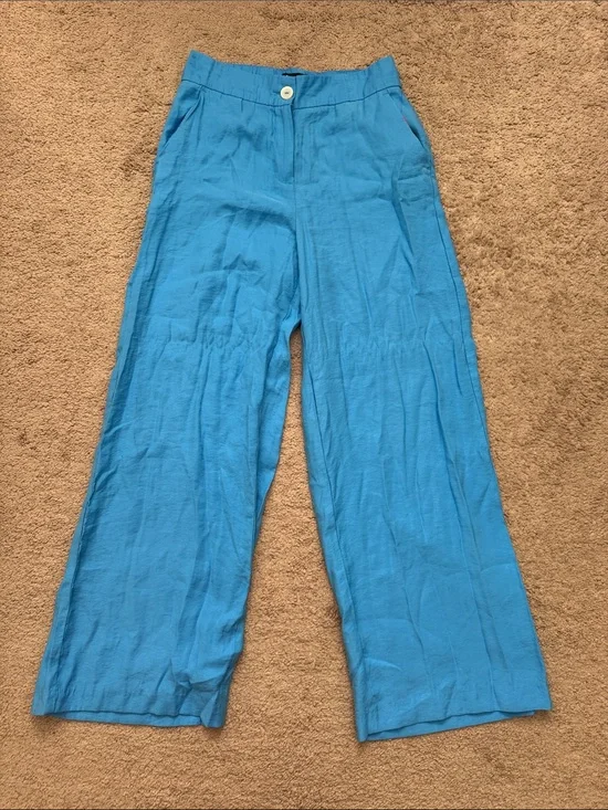 Zara Turquoise Wide-Leg Linen Pants