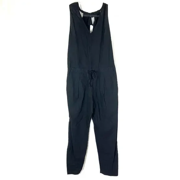 Zara Basic Black Linen Cotton Blend Tie Back Jumpsuit Womens Small