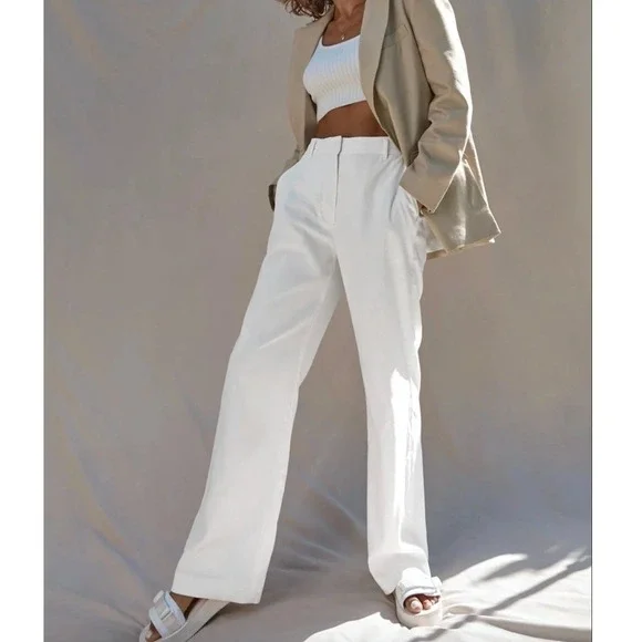 Wilfred Aritzia White Linen The Effortless Pant Wide Leg Pleated Trousers 4 90s