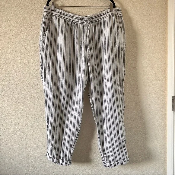 H&M 100% Linen Stripe Drawstring waist Pants Women size 18 NWT