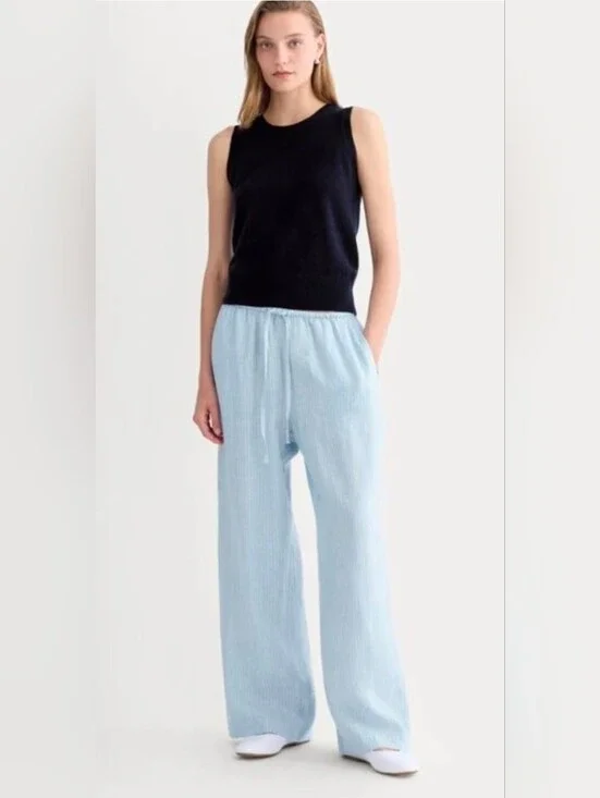 Everlane Linen Drawstring Pant in Blue and White stripe XS