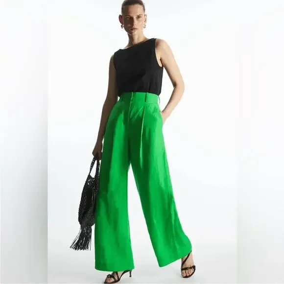 NWT COS wide leg linen blend trousers green sz 2