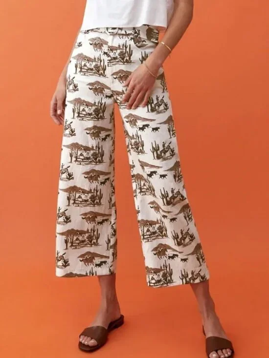 Reformation Riza 100% Linen Pants Sonora Cowboy Print High Rise Wide Leg Size 29