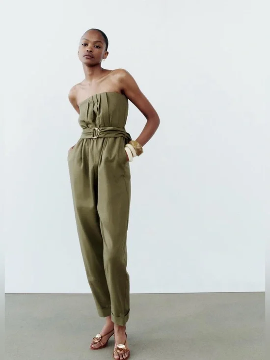 Zara Linen Blend Strapless Belted Jumpsuit Olive Green M Tapered Leg