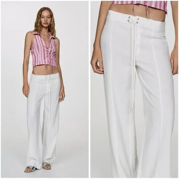 Mango Linen Blend Wide Leg Pants
