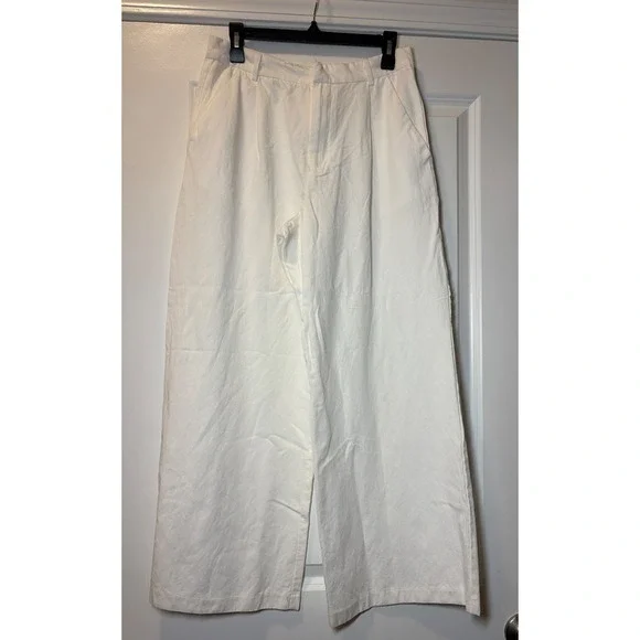 Zara Womens‎ White Linen Blend Wide Leg Pleated High Waist Trousers Size M