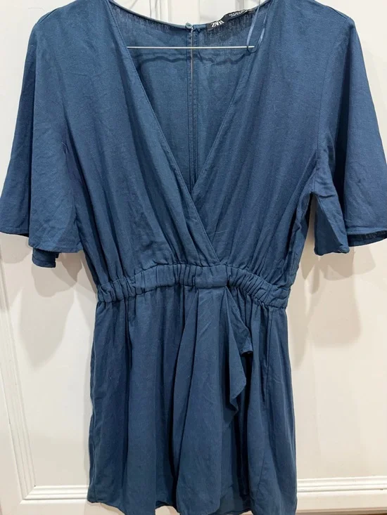Zara linens Blue Wrap-Front Short Sleeve Jumpsuit