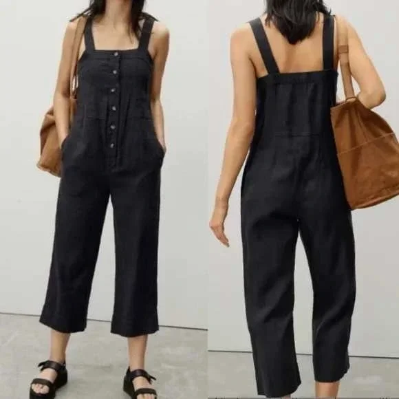 Everlane Linen Picnic Straight Leg Jumpsuit Size 0 Black Sleeveless Button Front