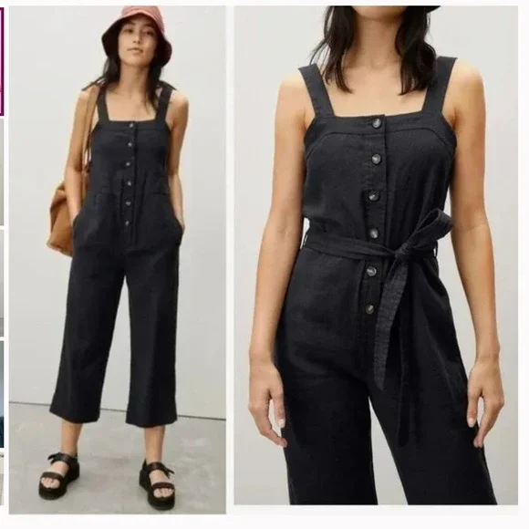 Everlane Black‎ 100% Linen Picnic Jumpsuit Button Front Wide Leg Womens Size 0