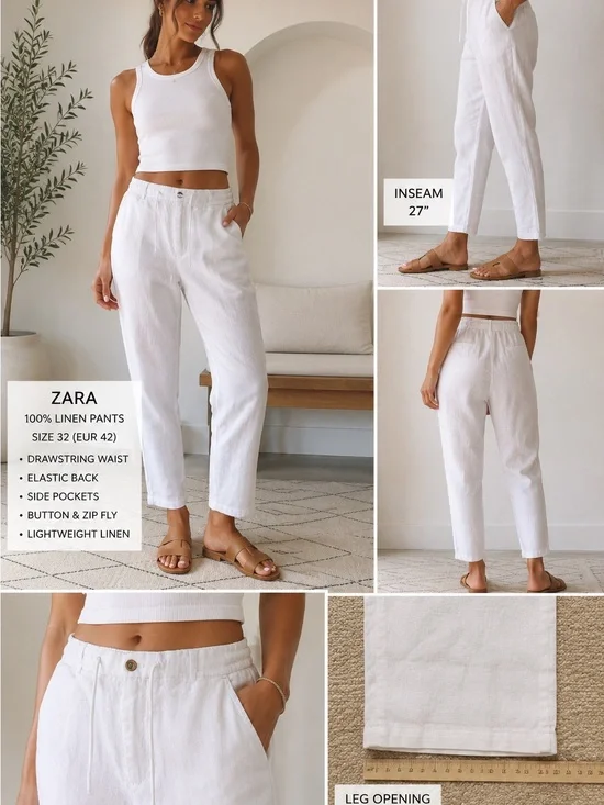 Zara White Linen Drawstring Pants