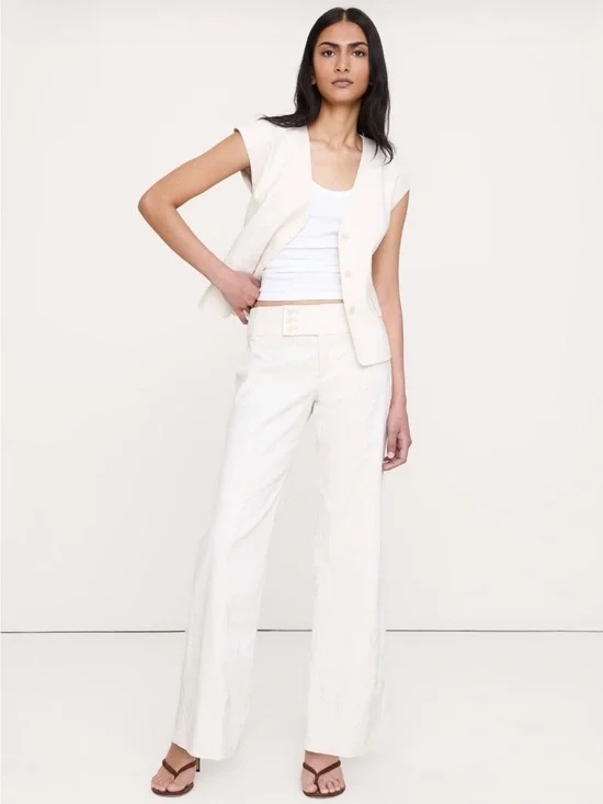 Banana Republic Low-Rise Wide-Leg Stretch Linen Viscose Pant Size 8 Cream White