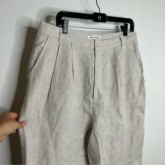 NEW Reformation Alex 100% Linen Trouser Pant In Oatmeal Size 12