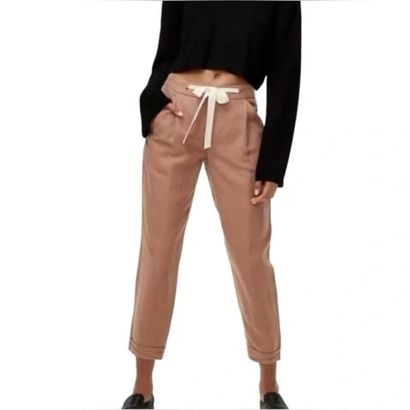 ARITZIA WILFRED 6 Earthy pink linen bland tie waist hidden buttonfly crop jogger