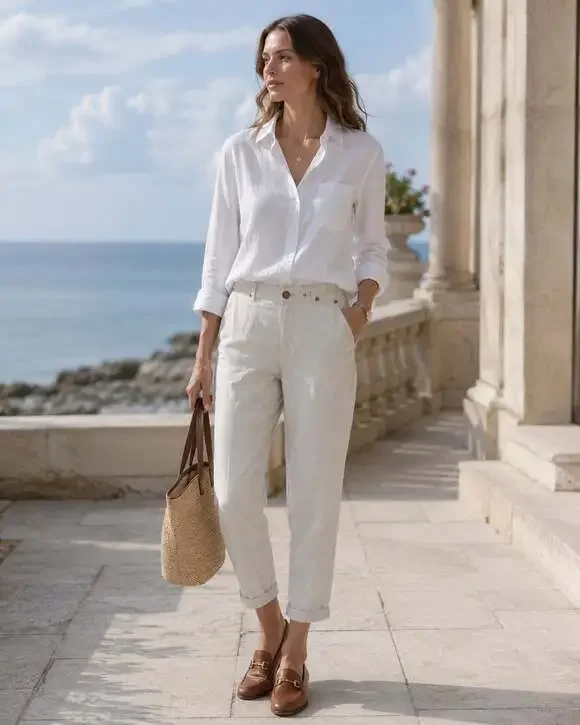 Linen Cotton Cropped Pants Size 4 Ivory Coastal Trouser
