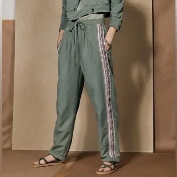 New Zara $119 SRPLS Surplus Linen Embroidered Green Pants Small 2747/972