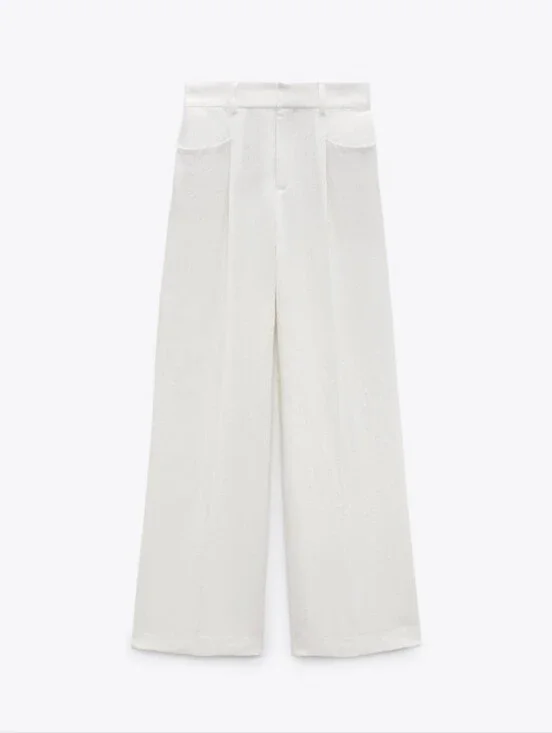 Zara White Linen Cotton High-Rise Wide Leg Pants Large Coastal Grandma Large