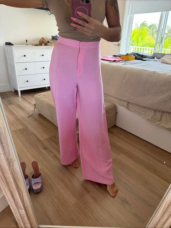Linen High-Waist Wide-Leg Pink Pants