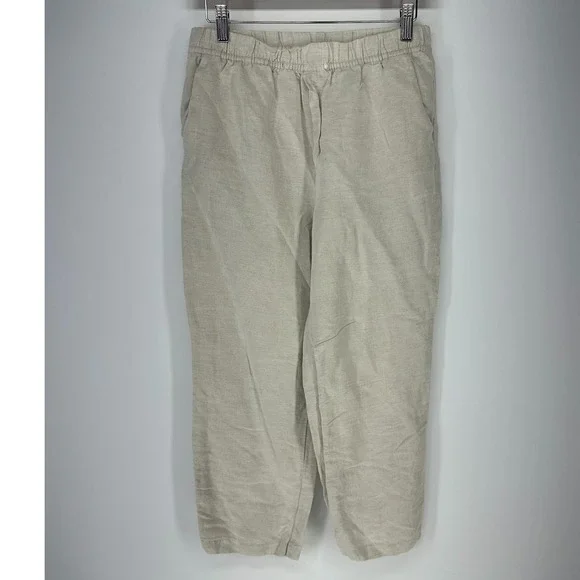 H&M Linen Blend Pants Womens S Beige Elastic Waist Relaxed Straight Leg Summer