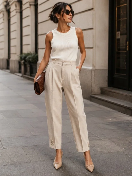 Zara High Waist Tailored Tapered Trousers Linen Blend Quiet Luxury Size XS
