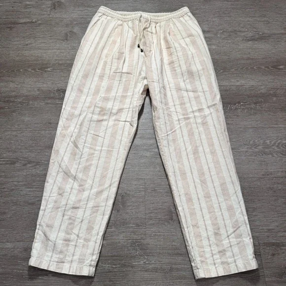 ZARA Pants Adult XL Beige Stripe Linen Blend Loose casual 30x29 Sweatpants Adult