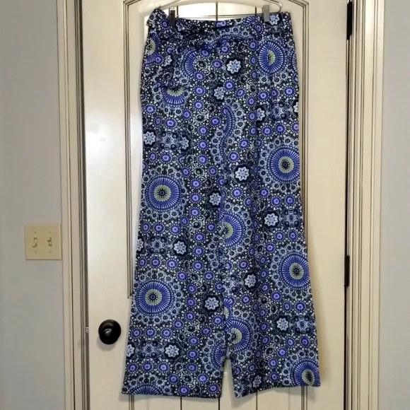 Banana Republic Blue Green Wide Leg Pant Size 8 Tie Waist Funky Print
